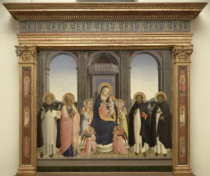 Maagd en Kind op de Troon met Engelen en St. Thomas van Aquino, St. Barnabas, St. Dominicus en St. Petrus Martyr, c.1422